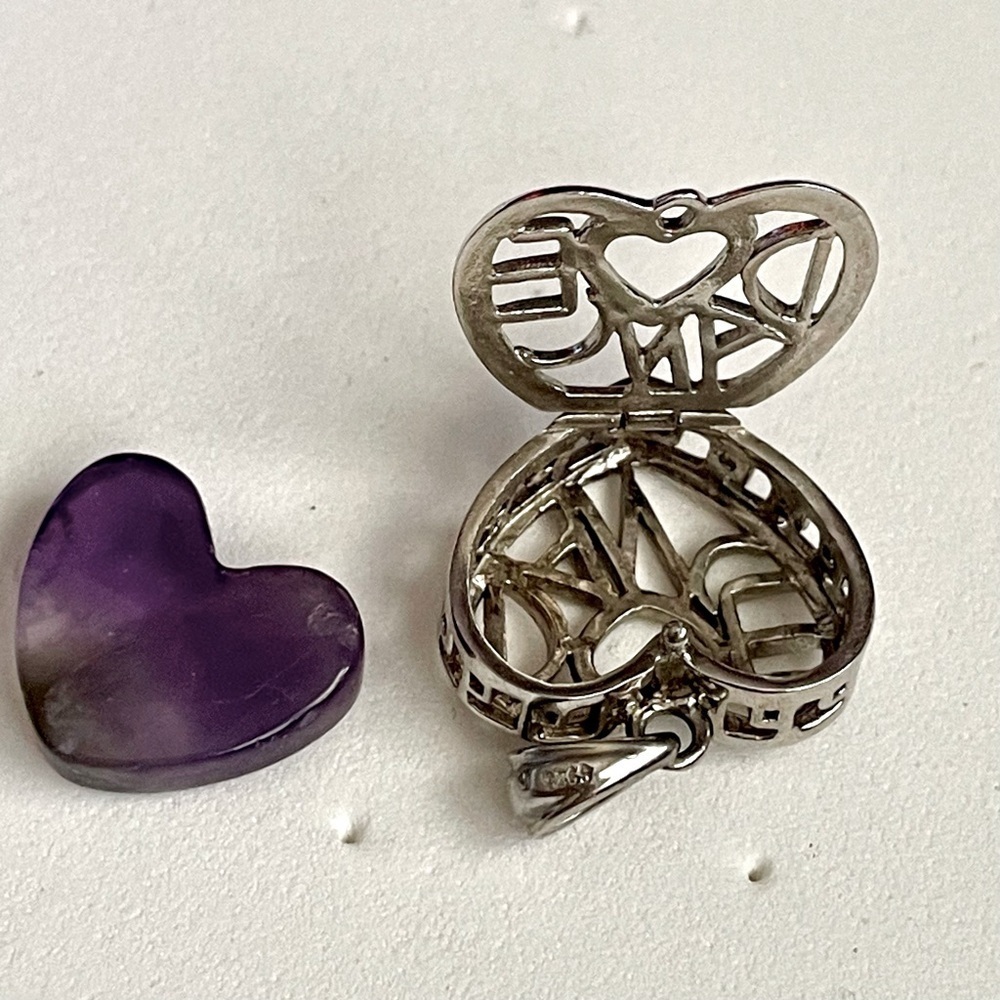 Silver Heart Shaped Locket with Amethyst Stone and Dance Details - Picture 3 of 4